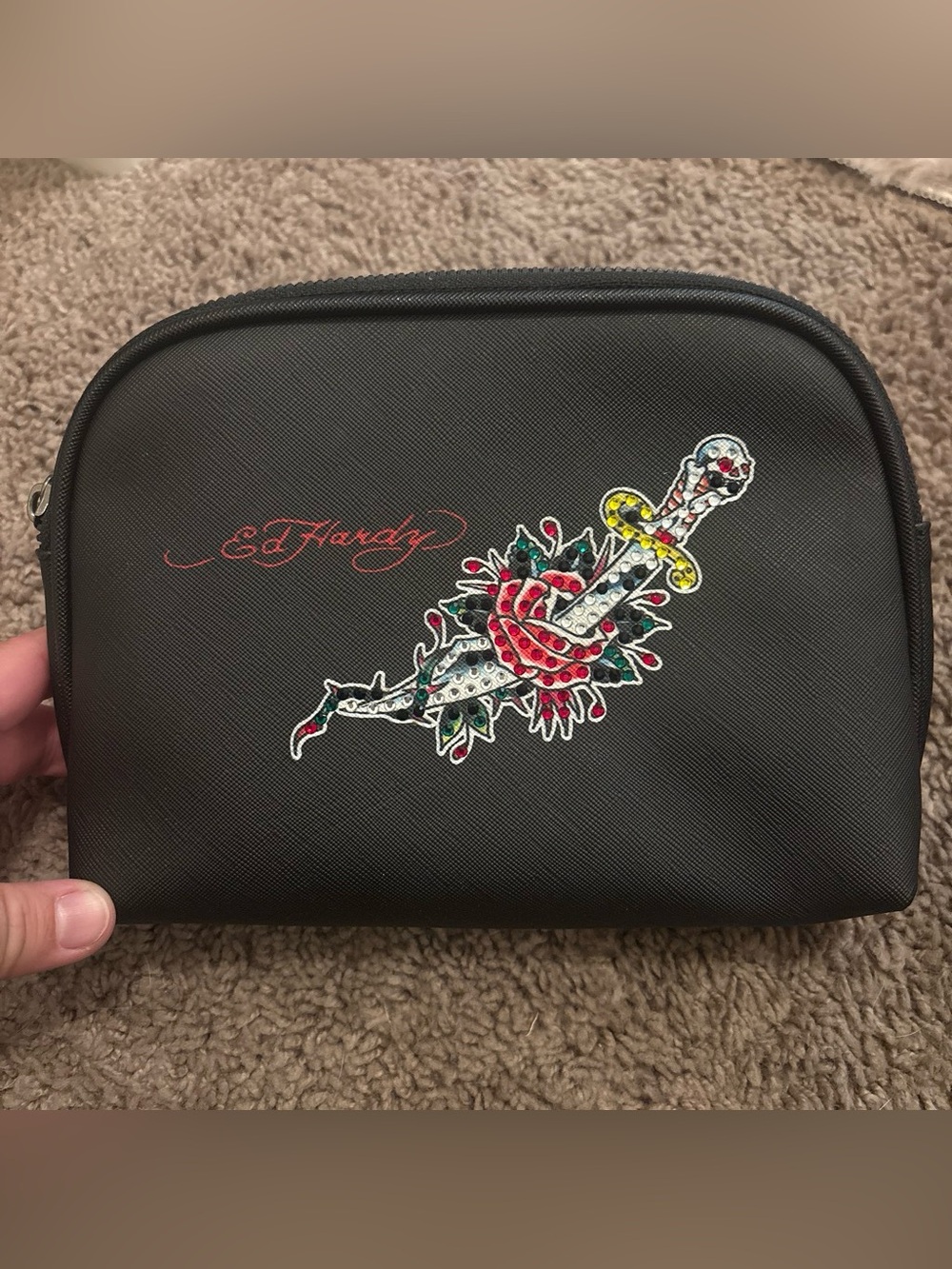 Ed Hardy Black Cosmetic Pouch with Dagger Rose Graphic